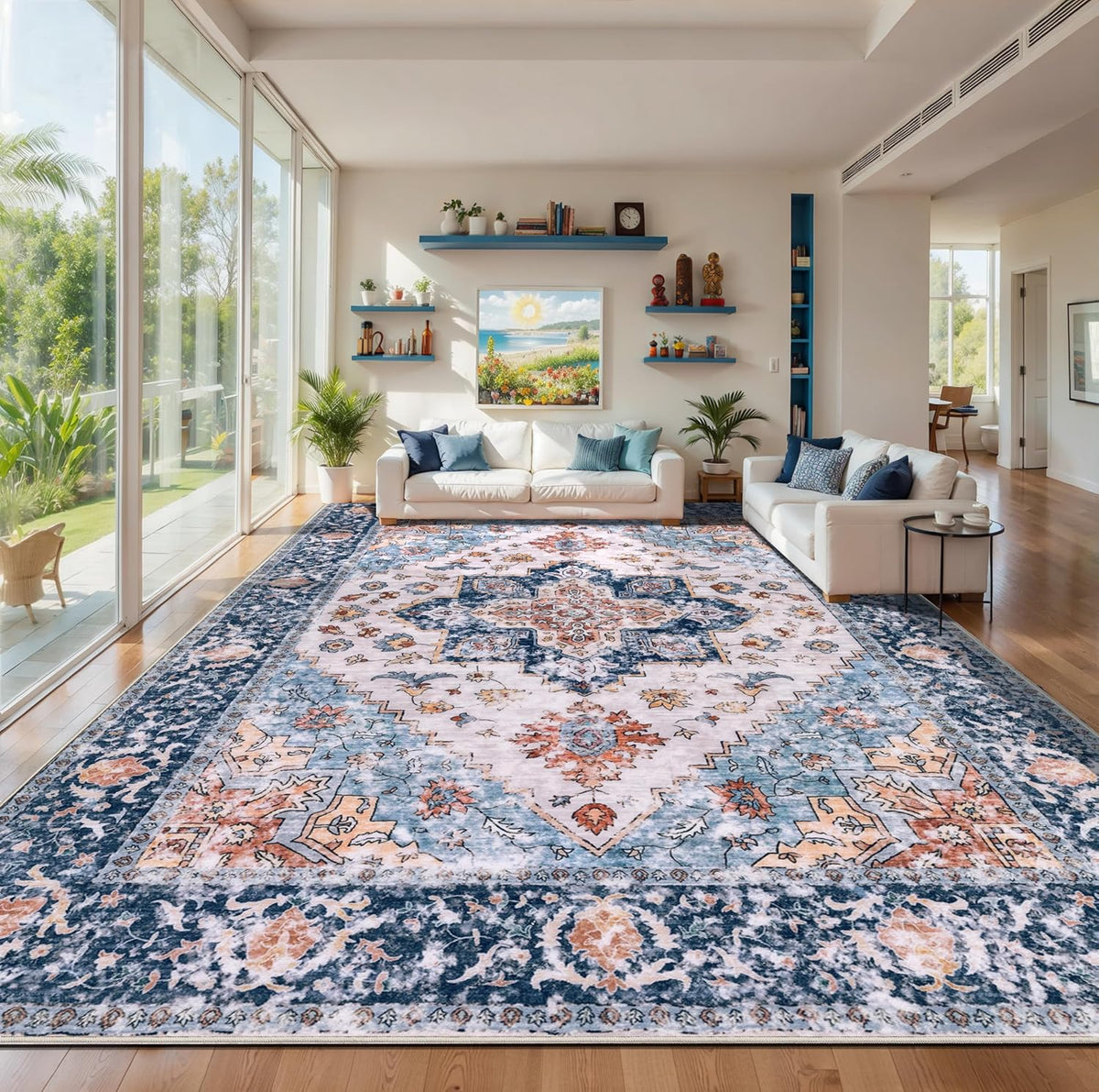 3x4 Blue and Orange Boho Washable Area Rug - Non-Slip Accent Carpet