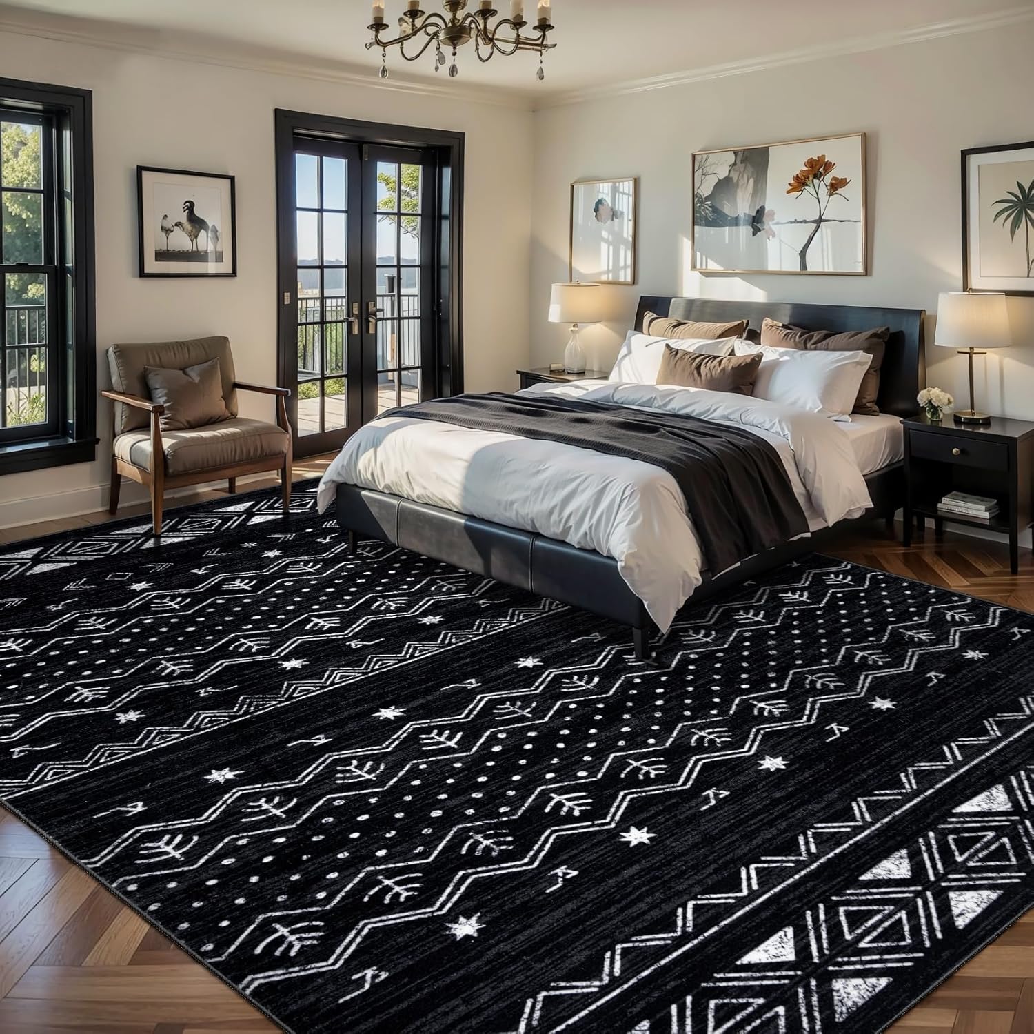 SERISSA Boho Geometric Washable Runner Rug, 2'x10' Non-Slip Long Hallway Carpet for Kitchen, Entryway, Laundry, Bedroom & Bathroom – Soft Low-Pile Black & White Runner