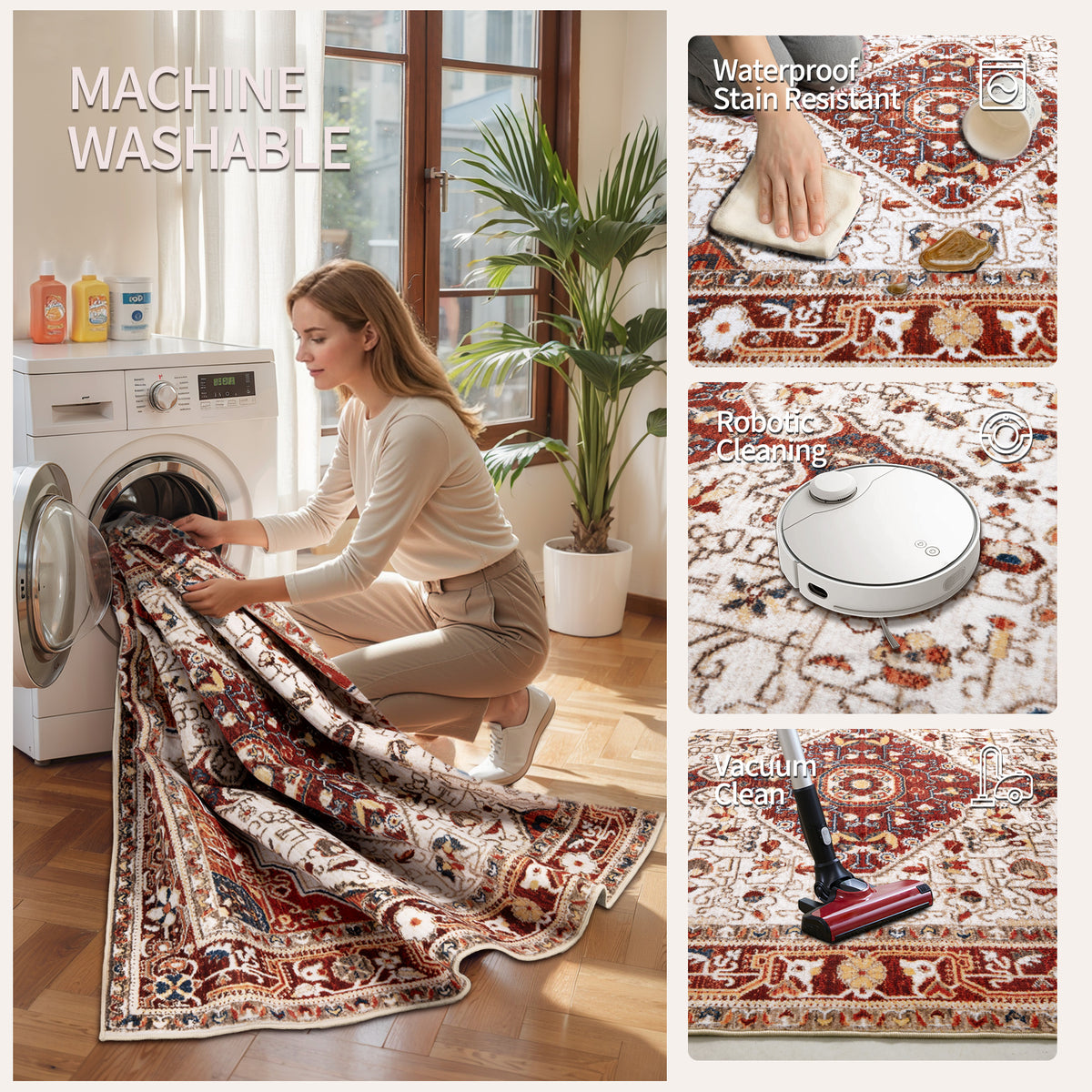 2x3 Beige and Orange Vintage Washable Small Rug - Non-Slip Door Mat