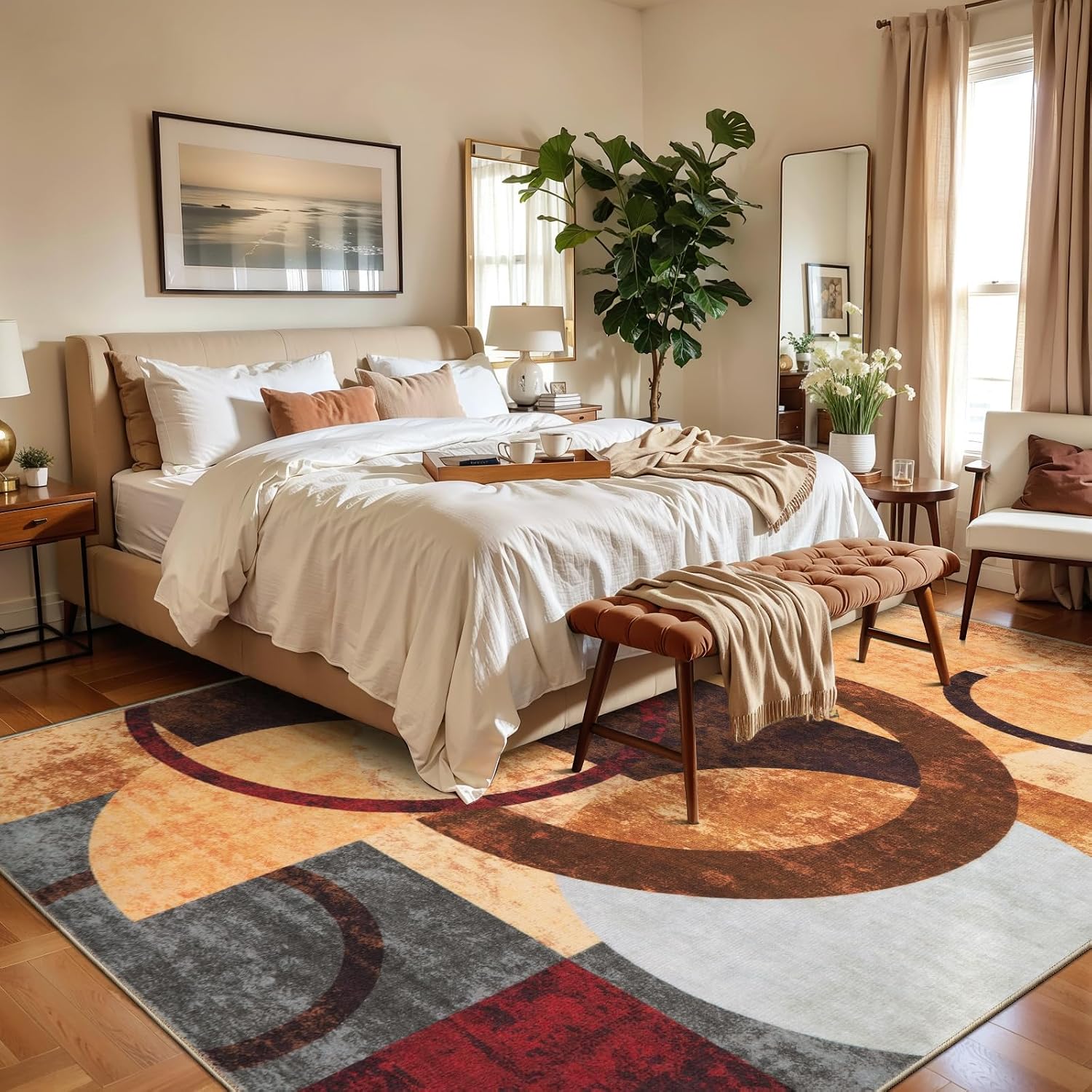 SERISSA Modern Abstract Washable Area Rug, 5'x7' Non-Slip Soft Low-Pile Floor Carpet for Living Room, Dining Room, Bedroom & Office – Geometric Brown & Red Decor