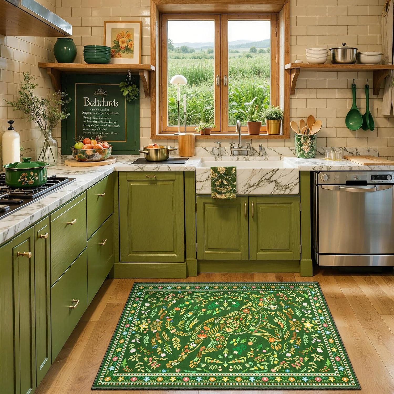 SERISSA Boho Floral & Cheetah Washable Accent Rug, Non-Slip Soft Low-Pile Floor Mat for Entryway, Kitchen, Bedroom, Laundry Room & Entrance – Vibrant Green Decor
