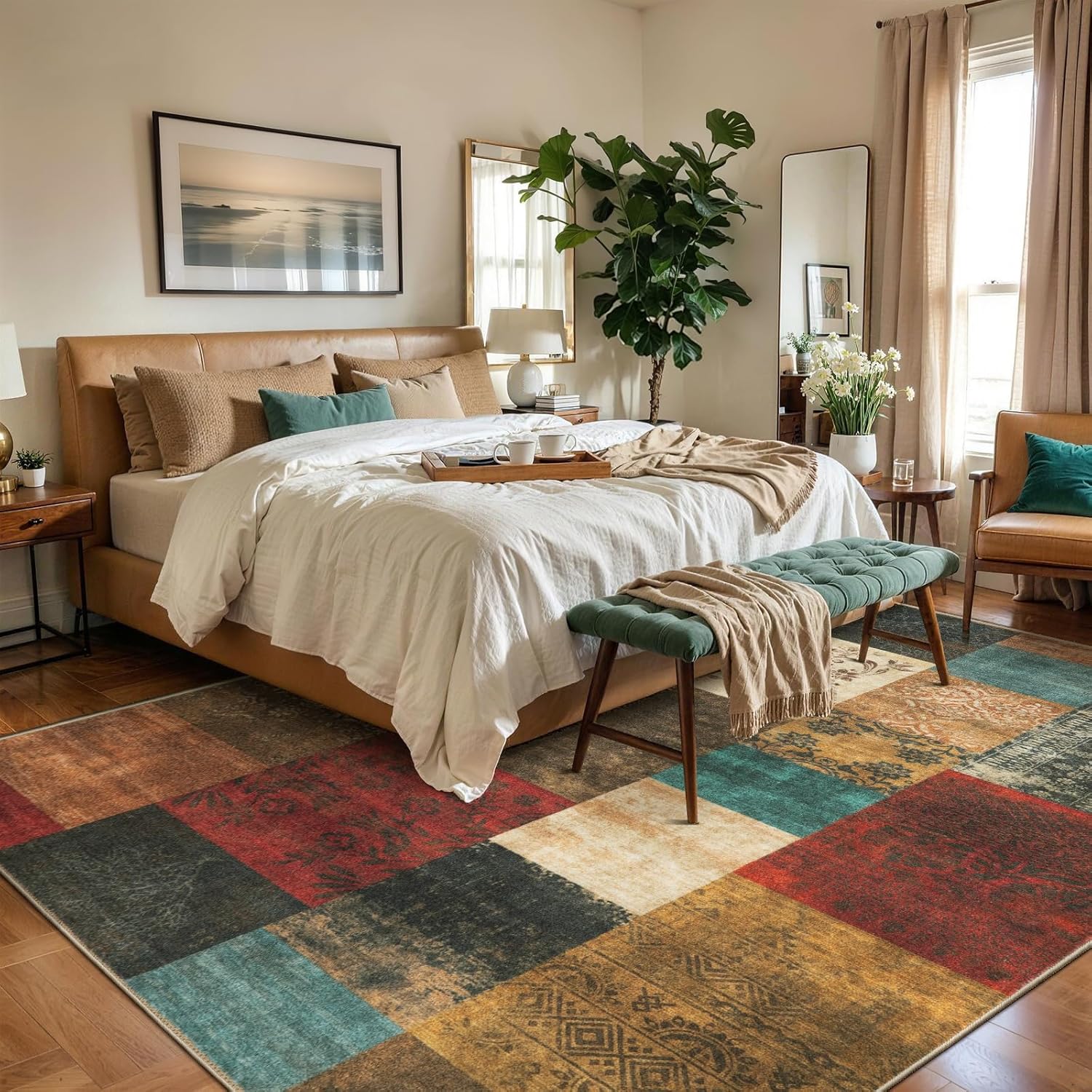 SERISSA Modern Abstract Washable Area Rug, 5'x7' Non-Slip Soft Low-Pile Floor Carpet for Living Room, Dining Room, Bedroom & Office – Geometric Red & Brown Decor
