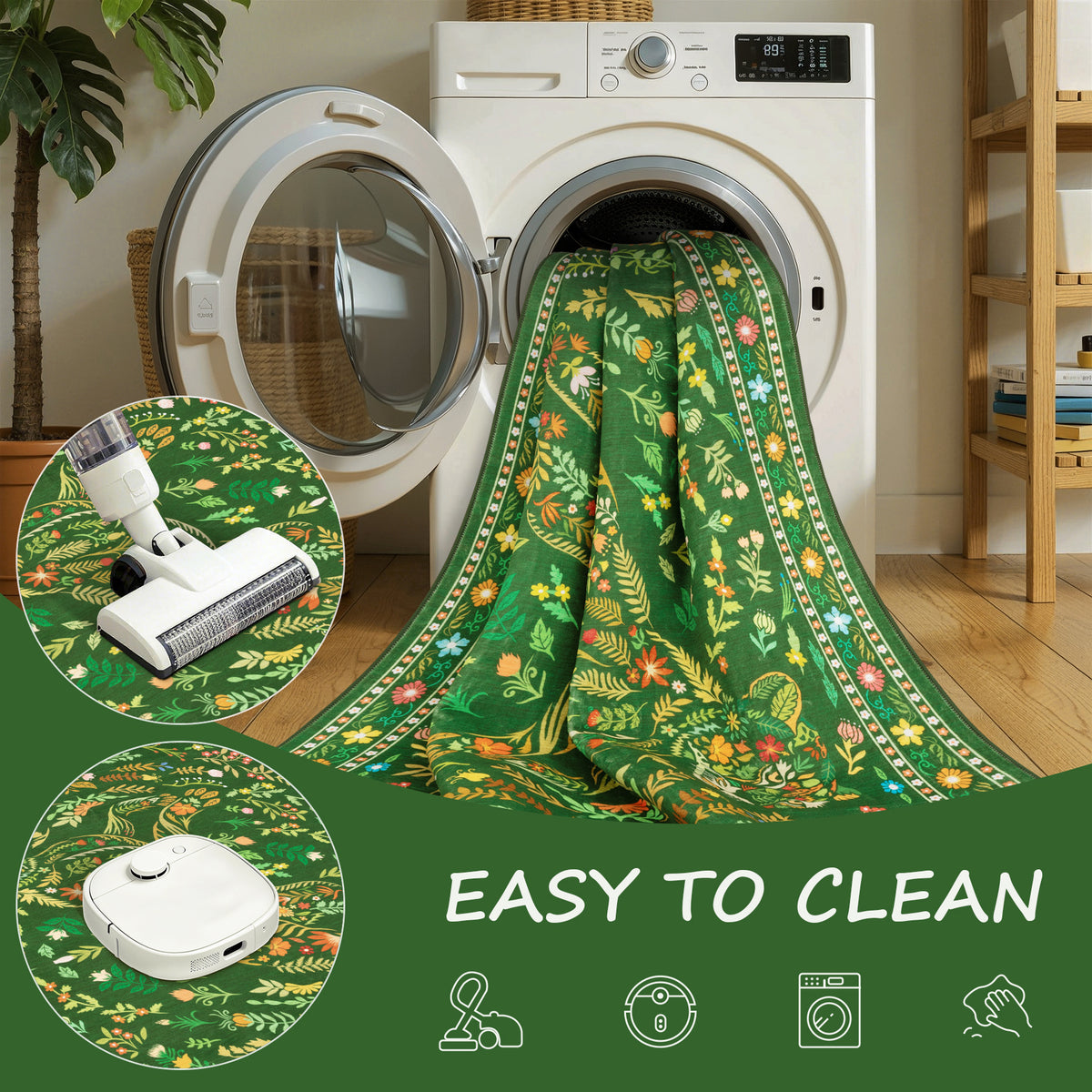 SERISSA Boho Floral & Cheetah Washable Accent Rug, Non-Slip Soft Low-Pile Floor Mat for Entryway, Kitchen, Bedroom, Laundry Room & Entrance – Vibrant Green Decor