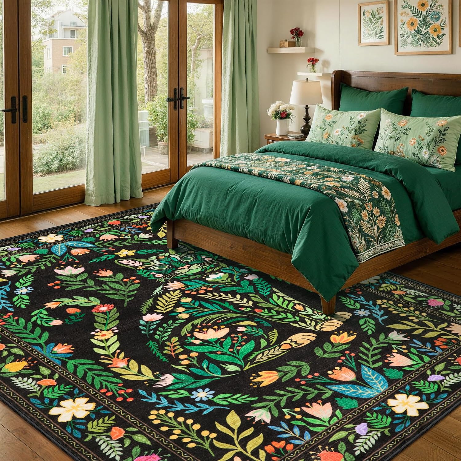 SERISSA Boho Floral & Cat Print Washable Area Rug, Non-Slip Soft Low-Pile Vintage Carpet for Living Room, Dining Room, Bedroom & Kids Playroom – Sophisticated Black Decor