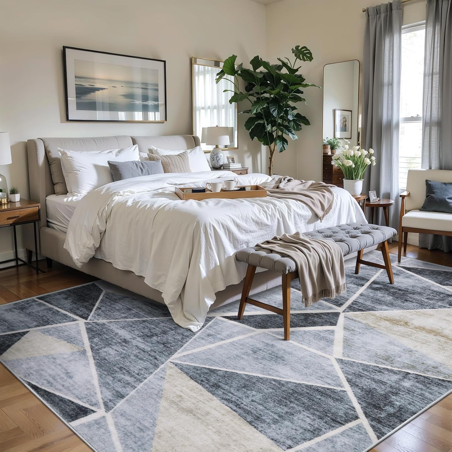SERISSA Modern Abstract Washable Area Rug, 6'x9' Large Non-Slip Soft Low-Pile Floor Carpet for Living Room, Dining Room, Bedroom & Office – Contemporary Grey Decor
