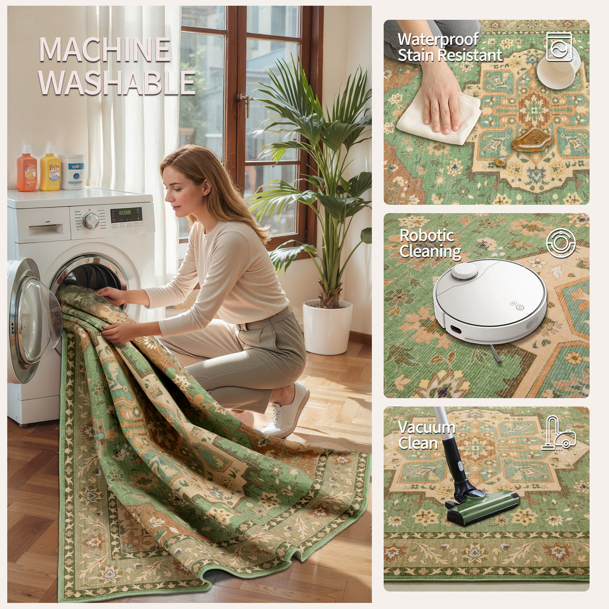 2'6"x8' Terracotta Green Vintage Washable Runner Rug - Non-Slip Hallway Carpet