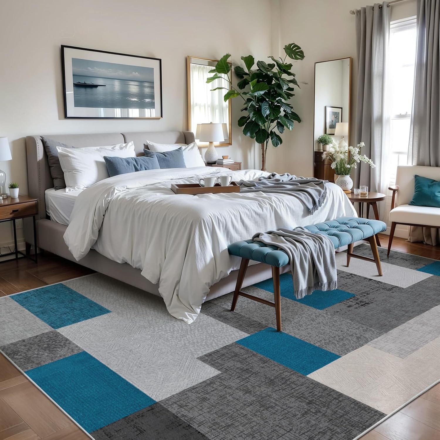 SERISSA Modern Abstract Washable Area Rug, 5'x7' Non-Slip Soft Low-Pile Floor Carpet for Living Room, Dining Room, Bedroom & Office – Geometric Blue & Grey Decor