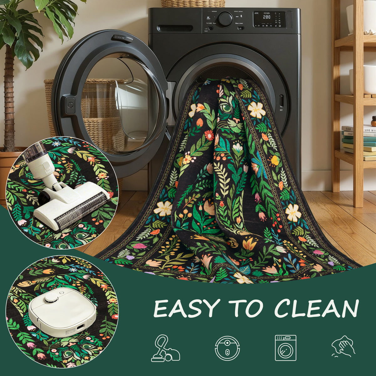 SERISSA Boho Floral & Cat Print Washable Area Rug, Non-Slip Soft Low-Pile Vintage Carpet for Living Room, Dining Room, Bedroom & Kids Playroom – Sophisticated Black Decor