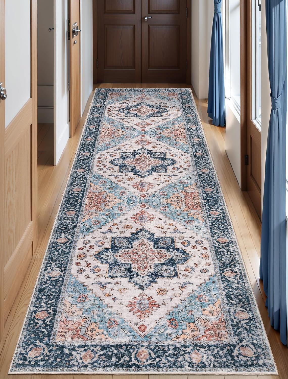 3x4 Blue and Orange Boho Washable Area Rug - Non-Slip Accent Carpet