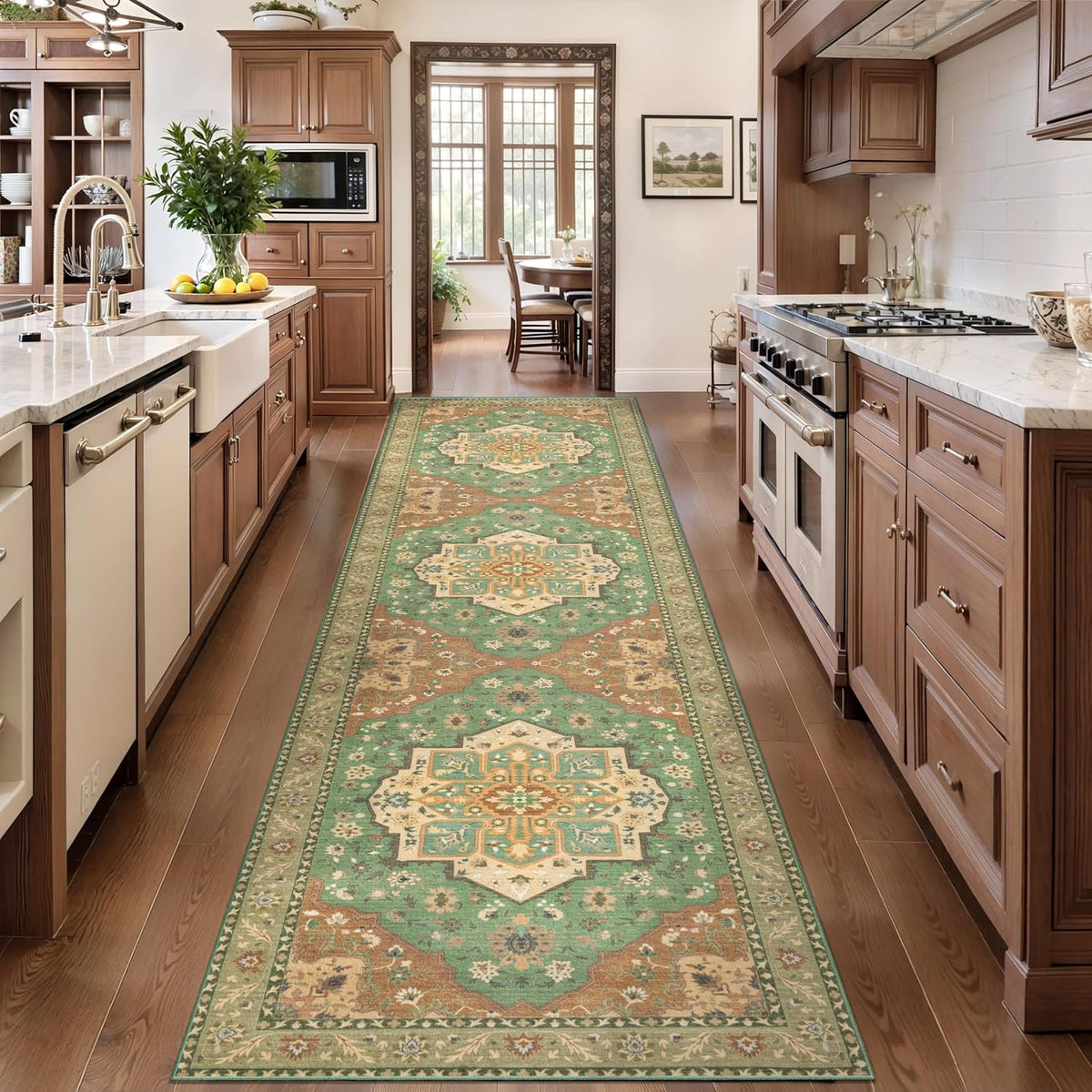 2'6"x8' Terracotta Green Vintage Washable Runner Rug - Non-Slip Hallway Carpet