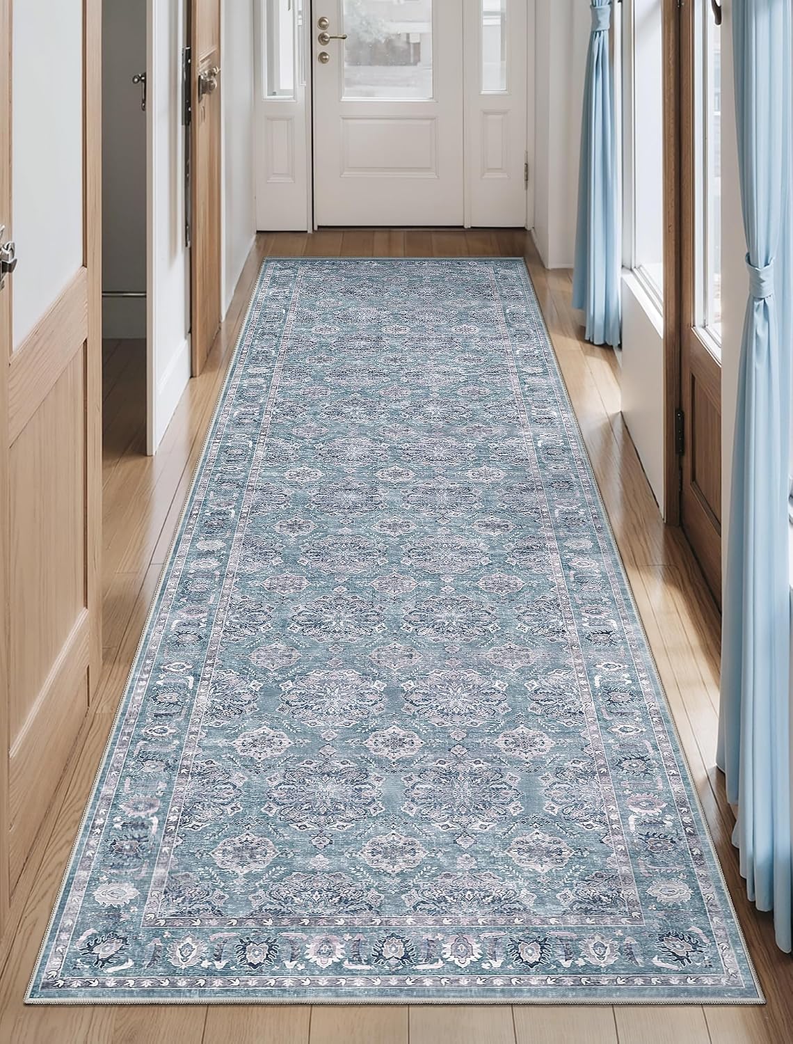 2x6 Blue Grey Floral Vintage Boho Washable Runner Rug - Non-Slip Hallway Carpet