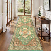 2'6"x8' Terracotta Green Vintage Washable Runner Rug - Non-Slip Hallway Carpet