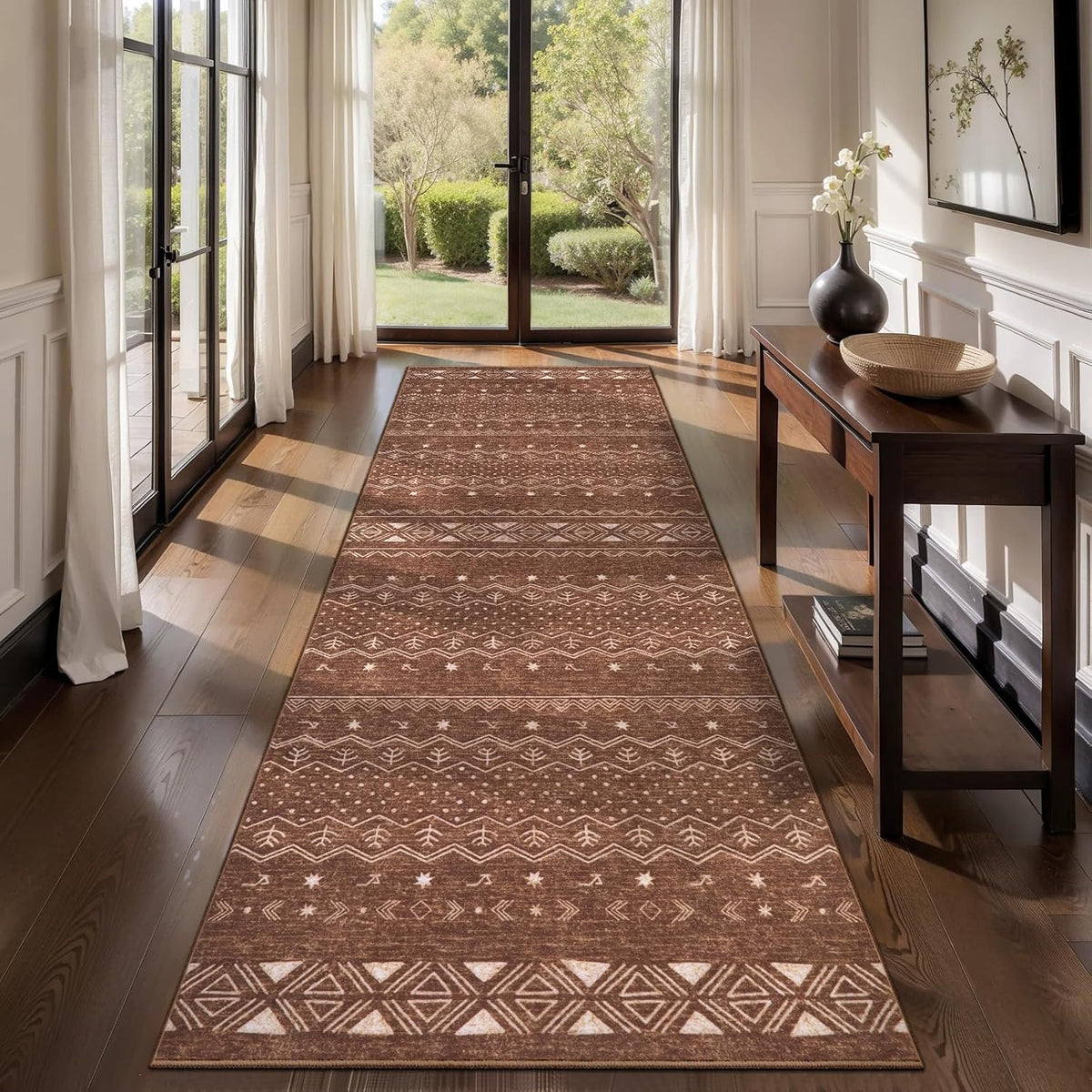 2x3 Coffee Brown Geometric Boho Washable Small Rug - Non-Slip Entryway Mat