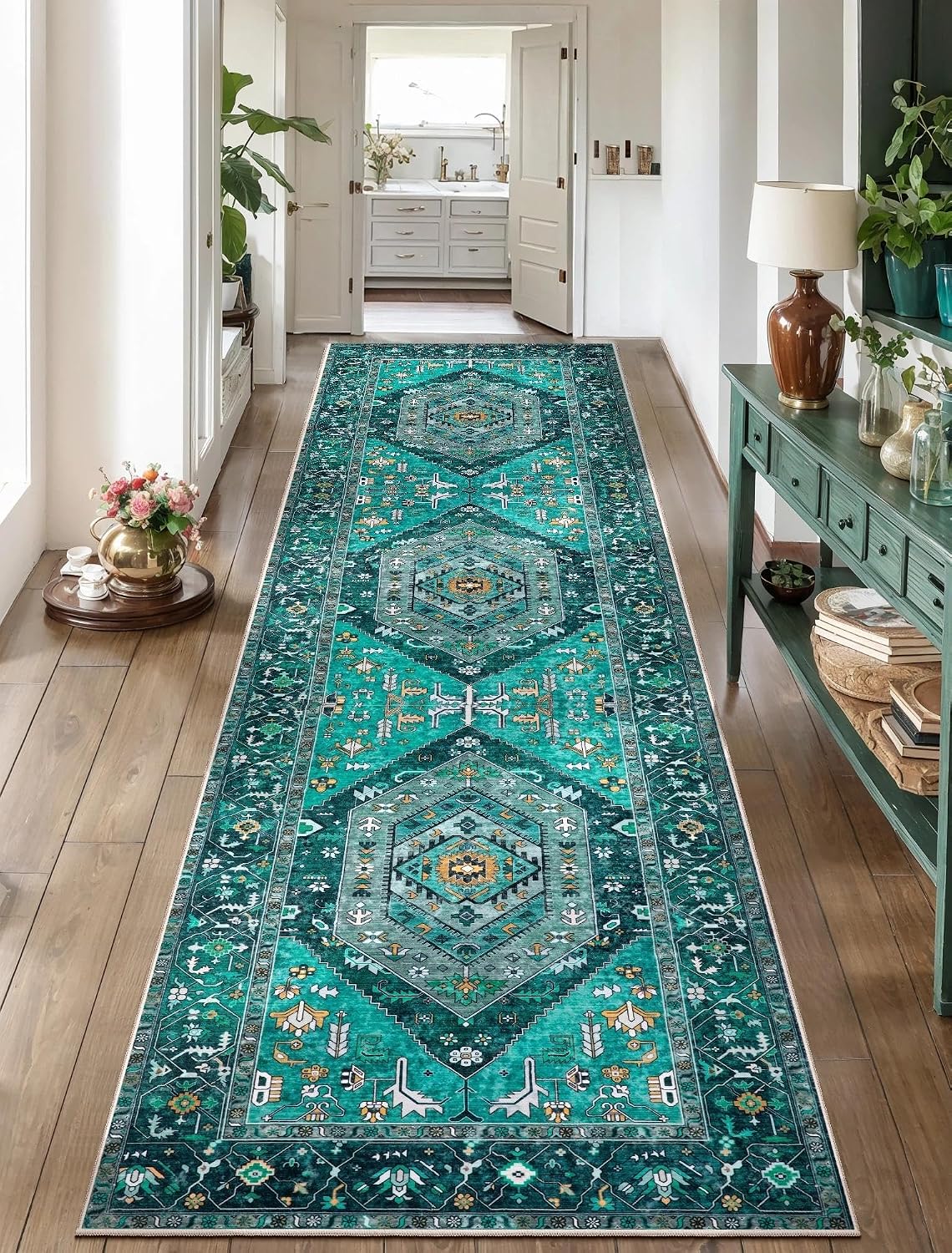 4x6 Teal Vintage Boho Washable Area Rug - Non-Slip Distressed Carpet