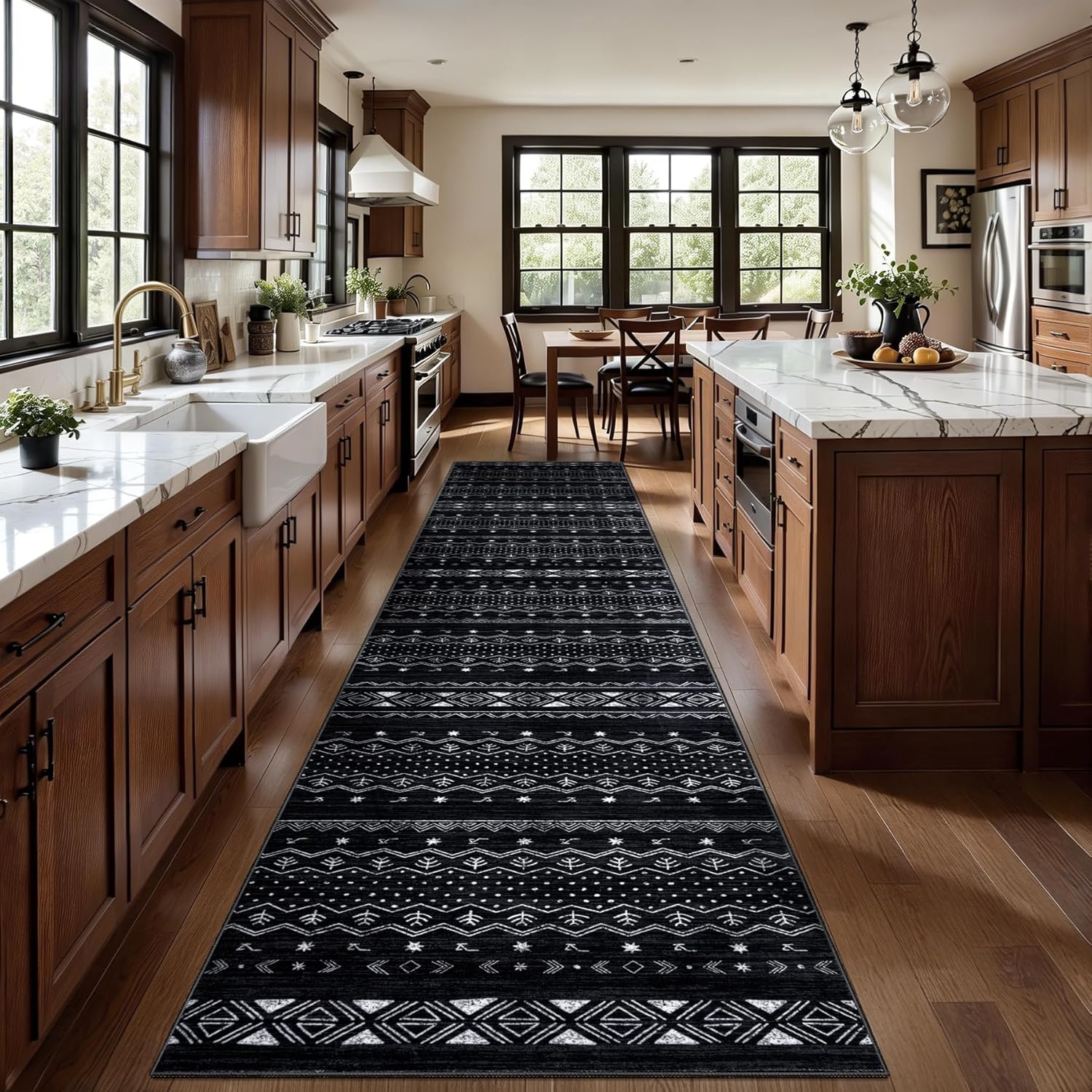 SERISSA Boho Geometric Washable Runner Rug, 2'x10' Non-Slip Long Hallway Carpet for Kitchen, Entryway, Laundry, Bedroom & Bathroom – Soft Low-Pile Black & White Runner