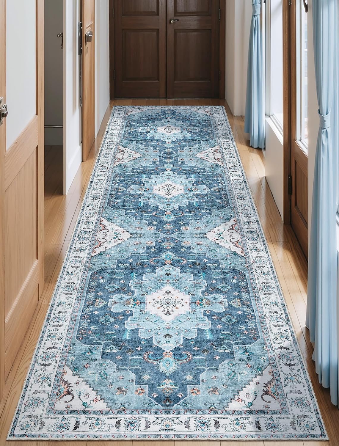 2x3 Blue Vintage Boho Washable Small Area Rug - Non-Slip Entryway Mat