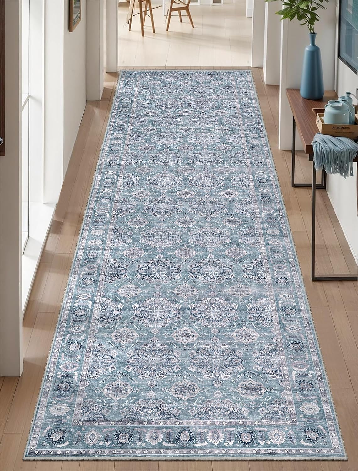 8x10 Blue Grey Floral Vintage Boho Washable Area Rug - Non-Slip Large Carpet