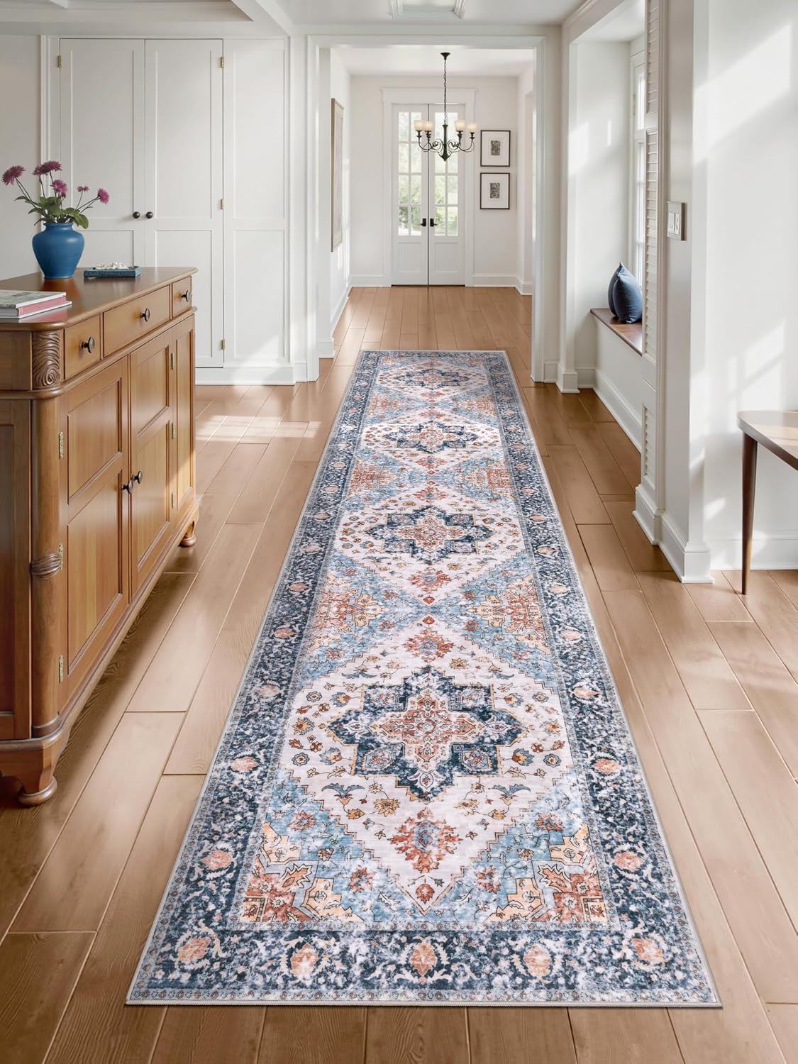 3x4 Blue and Orange Boho Washable Area Rug - Non-Slip Accent Carpet