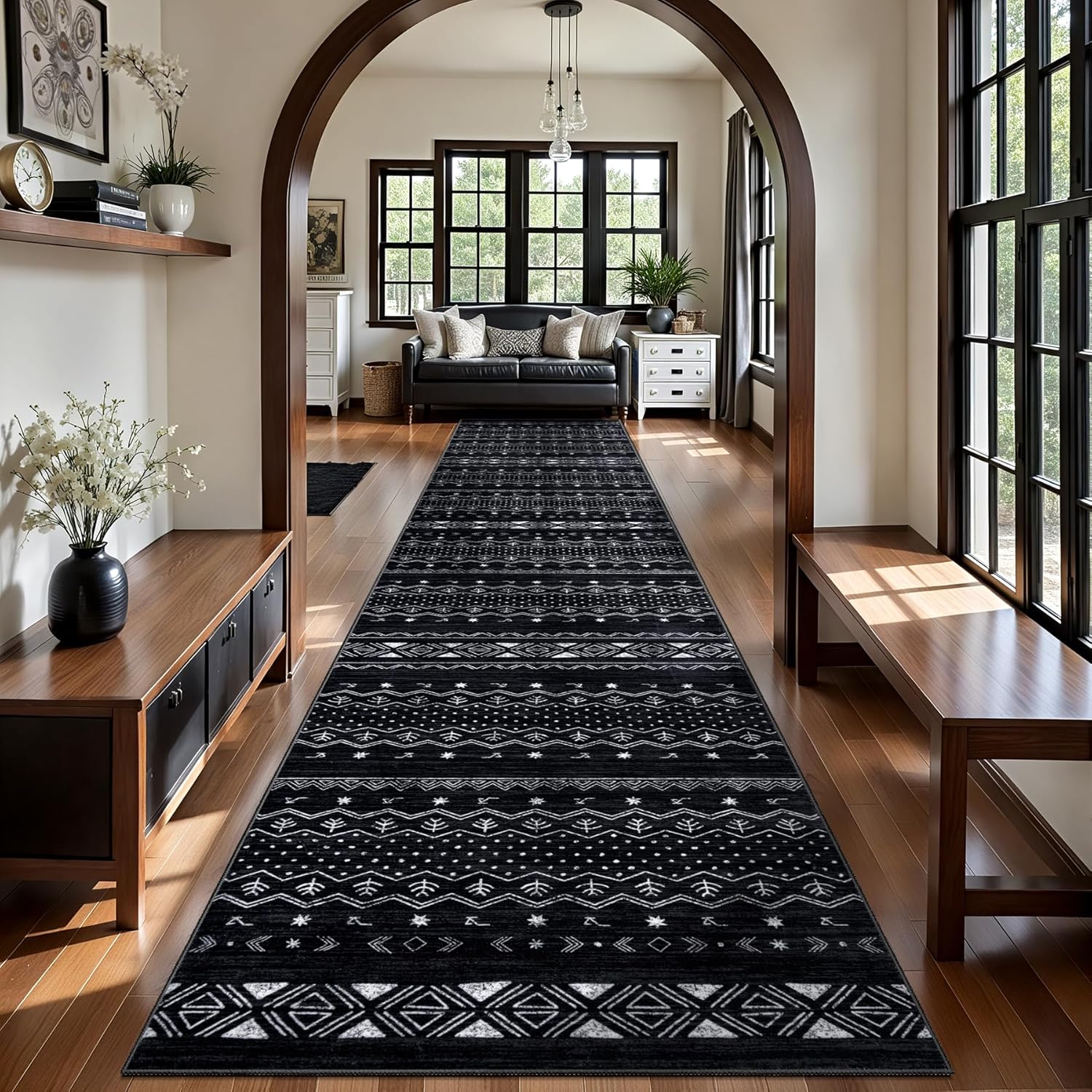 SERISSA Boho Geometric Washable Runner Rug, 2'x10' Non-Slip Long Hallway Carpet for Kitchen, Entryway, Laundry, Bedroom & Bathroom – Soft Low-Pile Black & White Runner