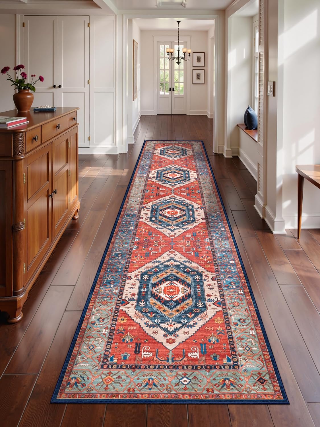 SERISSA Vintage Boho Washable Runner Rug, 3'x12' Extra Long Non-Slip Floor Carpet for Hallway, Kitchen, Entryway, Bathroom & Laundry Room – Ultra Soft Distressed Rust Print