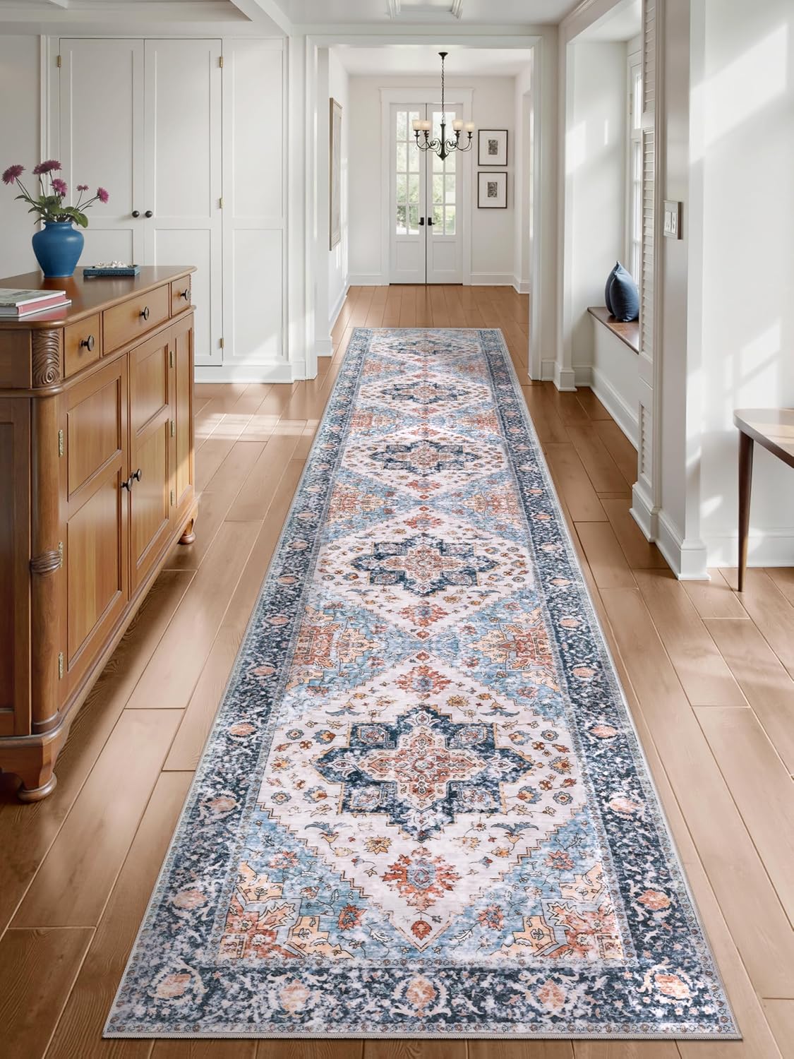 3x4 Blue and Orange Boho Washable Area Rug - Non-Slip Accent Carpet