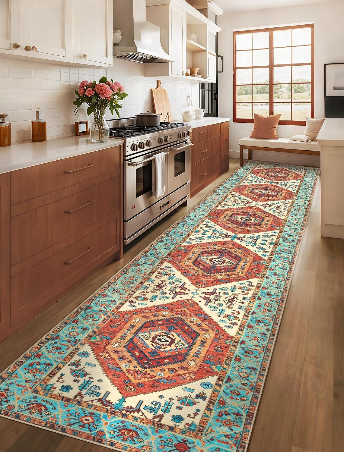 3x12 Orange Vintage Boho Washable Runner Rug - Non-Slip Hallway Carpet