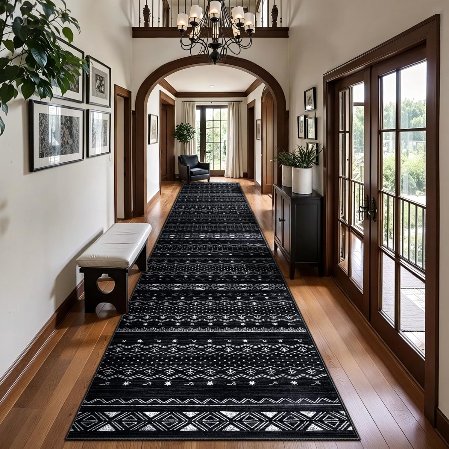 SERISSA Boho Geometric Washable Runner Rug, 2'x10' Non-Slip Long Hallway Carpet for Kitchen, Entryway, Laundry, Bedroom & Bathroom – Soft Low-Pile Black & White Runner