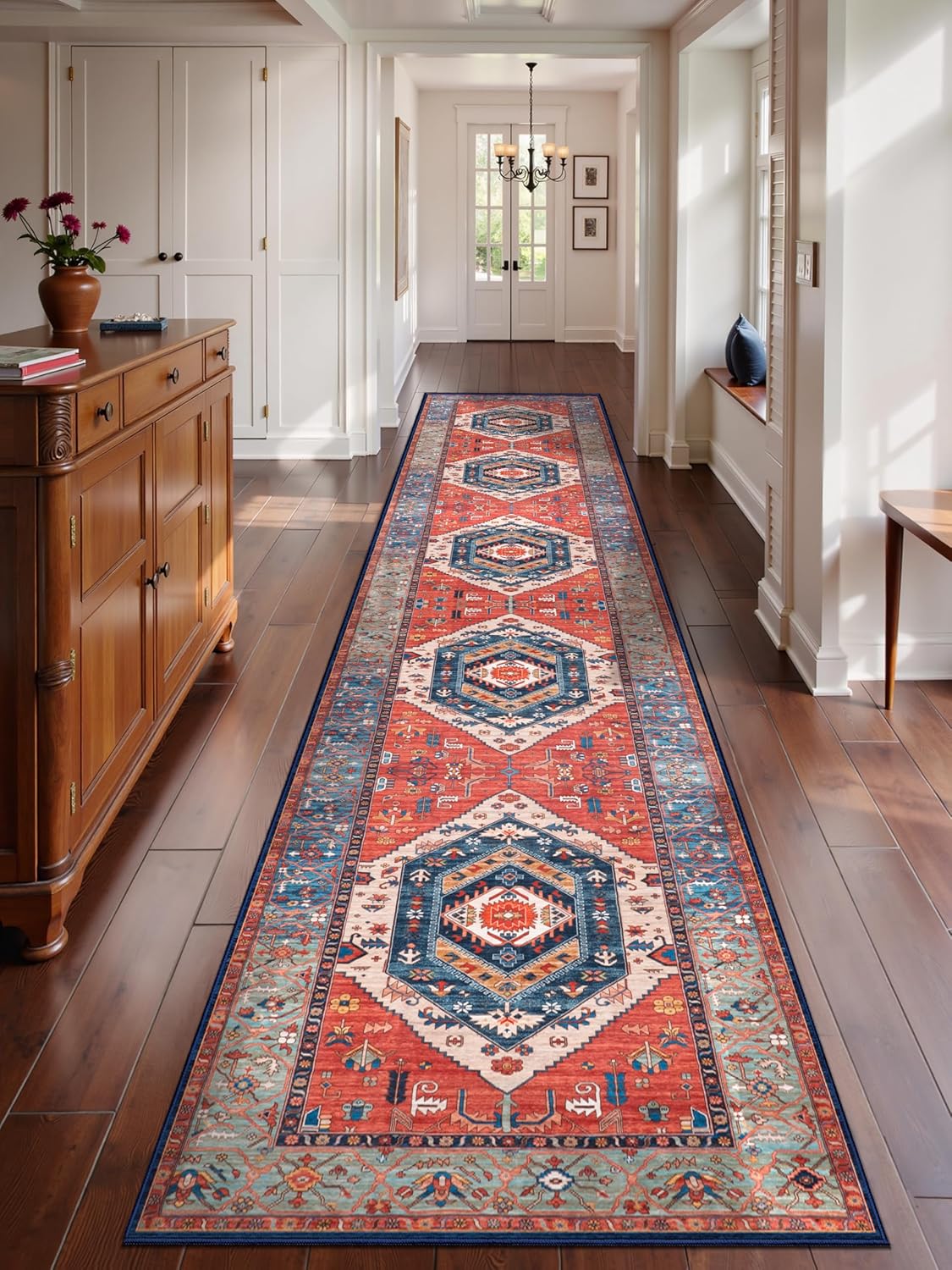 SERISSA Vintage Boho Washable Runner Rug, 3'x12' Extra Long Non-Slip Floor Carpet for Hallway, Kitchen, Entryway, Bathroom & Laundry Room – Ultra Soft Distressed Rust Print