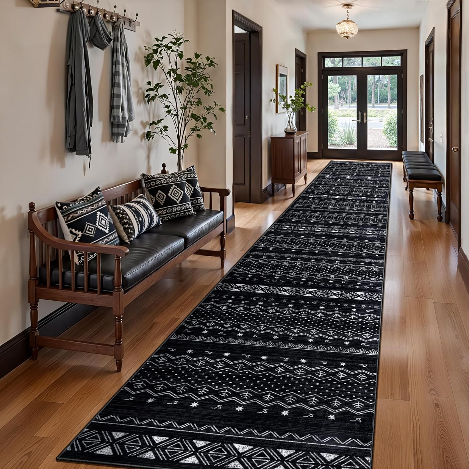 SERISSA Boho Geometric Washable Runner Rug, 2'x10' Non-Slip Long Hallway Carpet for Kitchen, Entryway, Laundry, Bedroom & Bathroom – Soft Low-Pile Black & White Runner