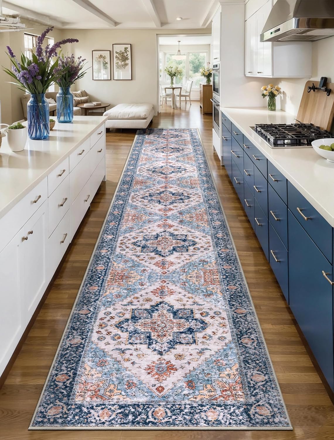 3x4 Blue and Orange Boho Washable Area Rug - Non-Slip Accent Carpet