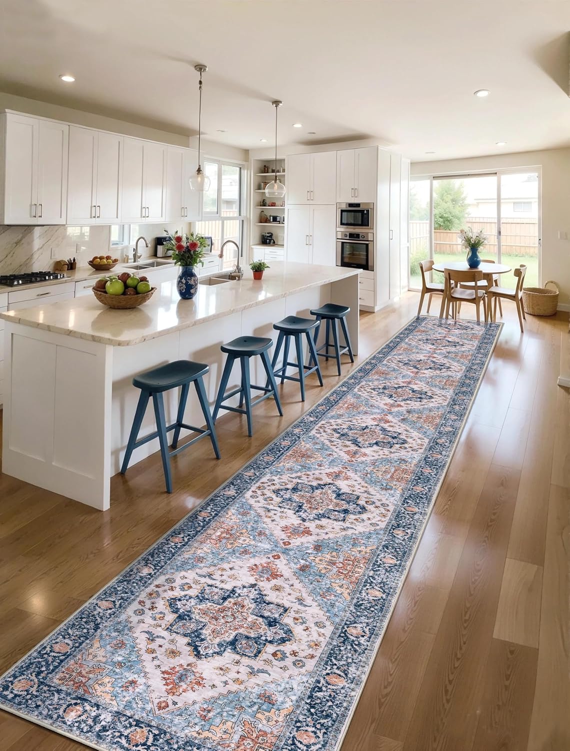 3x4 Blue and Orange Boho Washable Area Rug - Non-Slip Accent Carpet
