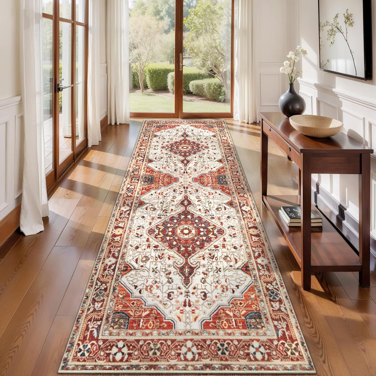 2x3 Beige and Orange Vintage Washable Small Rug - Non-Slip Door Mat
