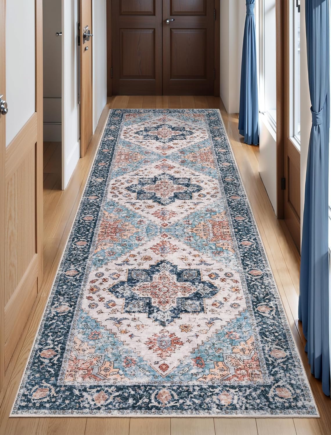 3x4 Blue and Orange Boho Washable Area Rug - Non-Slip Accent Carpet