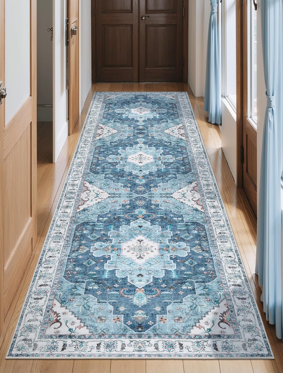 2x3 Blue Vintage Boho Washable Small Area Rug - Non-Slip Entryway Mat