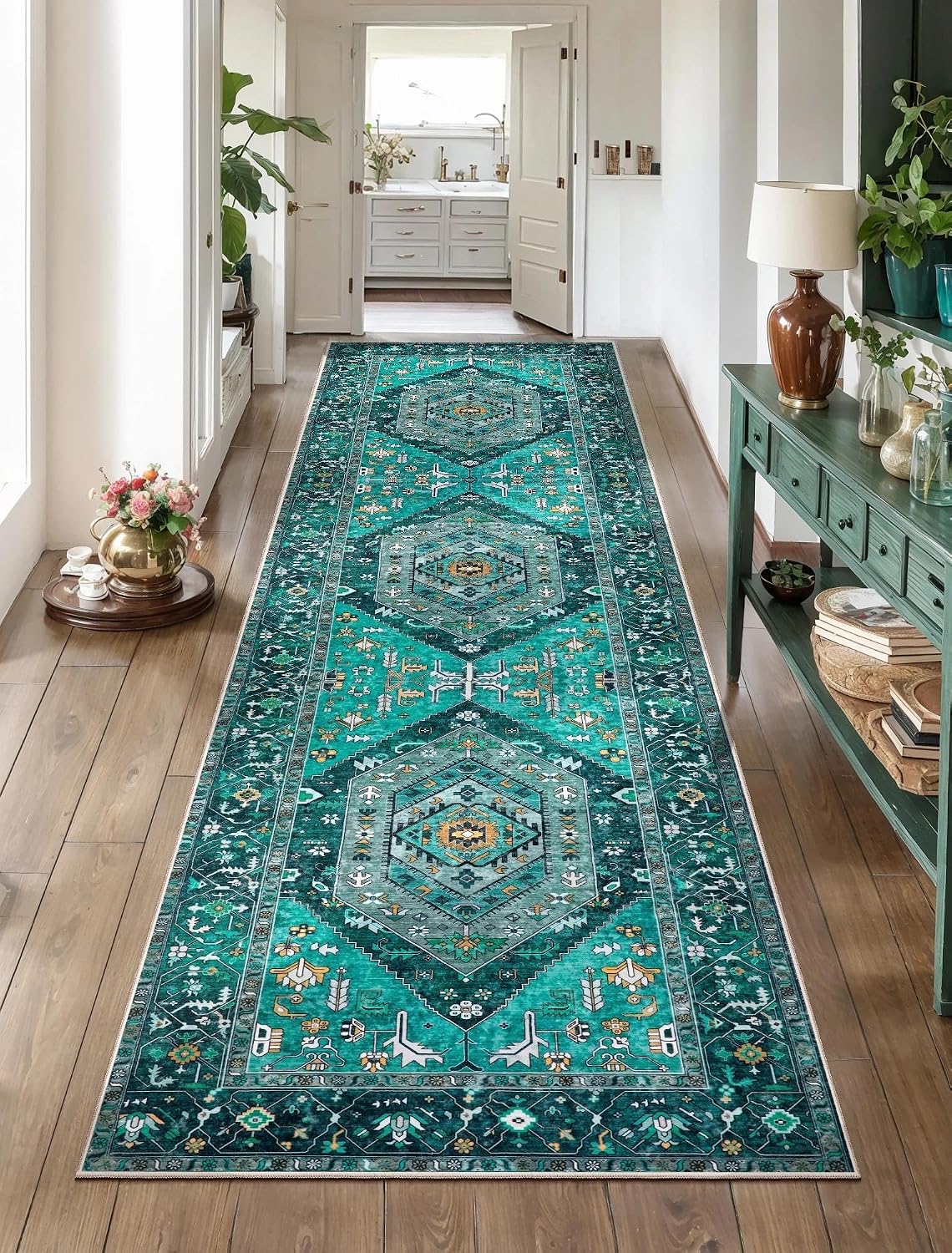 4x6 Teal Vintage Boho Washable Area Rug - Non-Slip Distressed Carpet