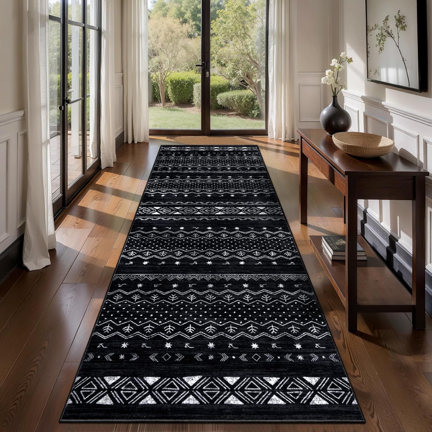 SERISSA Boho Geometric Washable Runner Rug, 2'x10' Non-Slip Long Hallway Carpet for Kitchen, Entryway, Laundry, Bedroom & Bathroom – Soft Low-Pile Black & White Runner