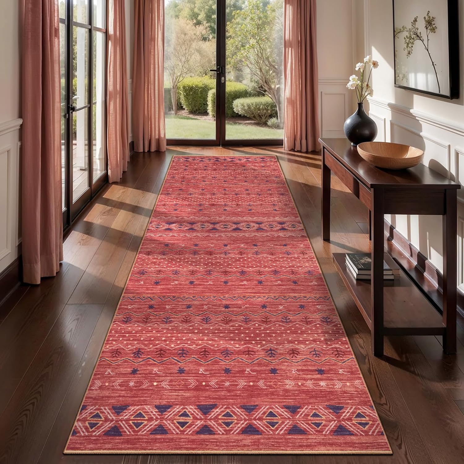 2x10 Red Ochre Washable Hallway Runner Rug - Moroccan Boho Long Carpet