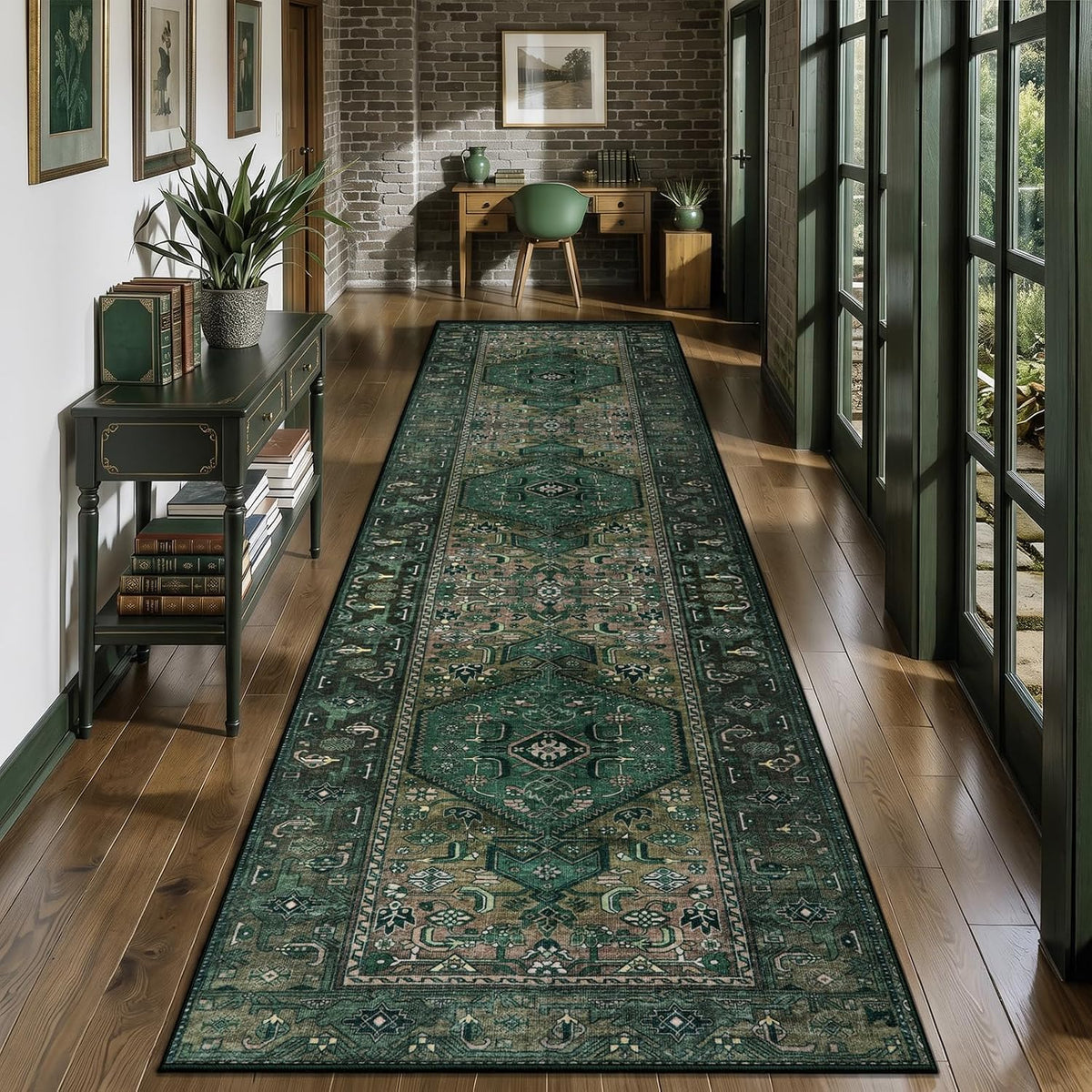 2x5 Dark Green Vintage Boho Washable Runner Rug - Non-Slip Hallway Carpet