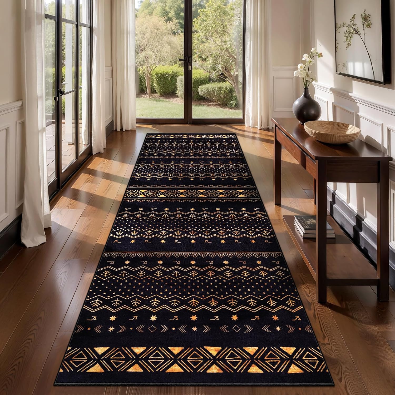 9x12 Washable Living Room Area Rug - Black and Gold Moroccan Carpet