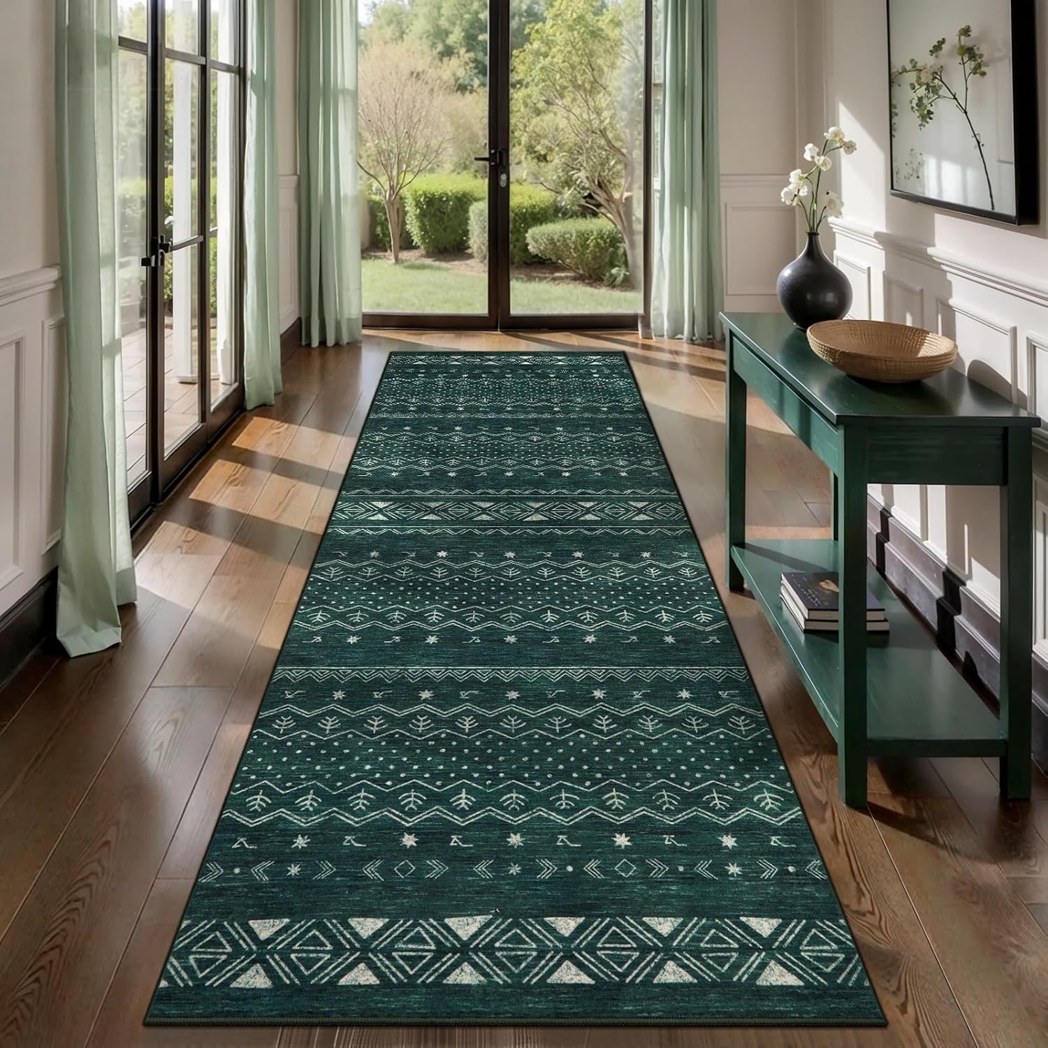 2'6"x8' Dark Green Washable Hallway Runner Rug - Moroccan Boho Long Carpet