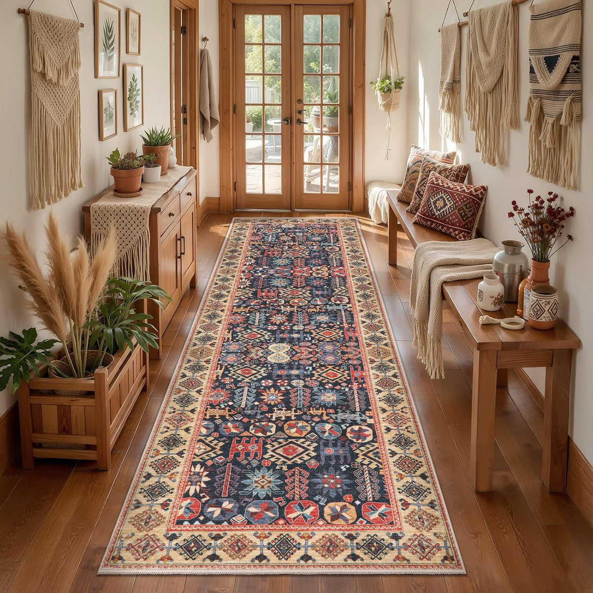 2x6 Blue and Beige Boho Vintage Washable Runner Rug - Non-Slip Hallway Carpet