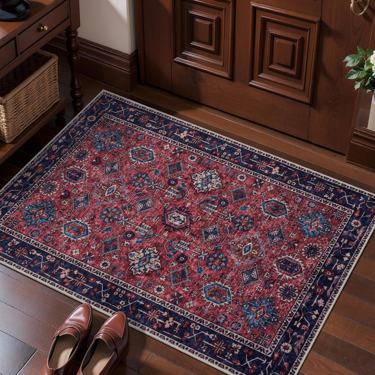 2x3 Rust Red Vintage Boho Washable Small Rug - Non-Slip Entryway Mat