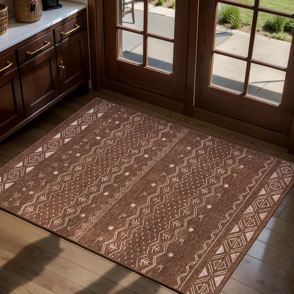 2x3 Coffee Brown Geometric Boho Washable Small Rug - Non-Slip Entryway Mat