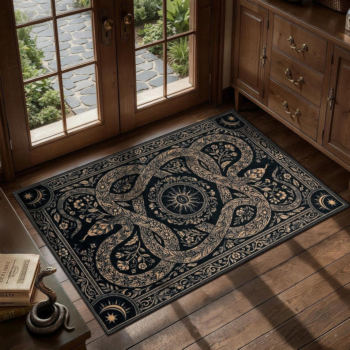 2x3 Black Gothic Snake Floral Washable Small Rug - Non-Slip Entryway Mat