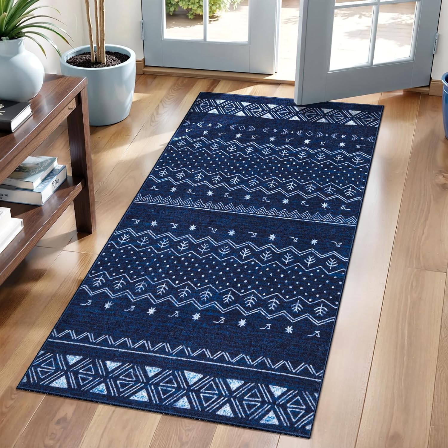 3x5 Blue and White Moroccan Washable Small Rug - Non-Slip Accent Carpet