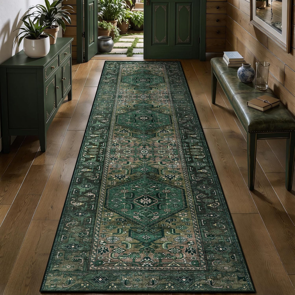 2x5 Dark Green Vintage Boho Washable Runner Rug - Non-Slip Hallway Carpet