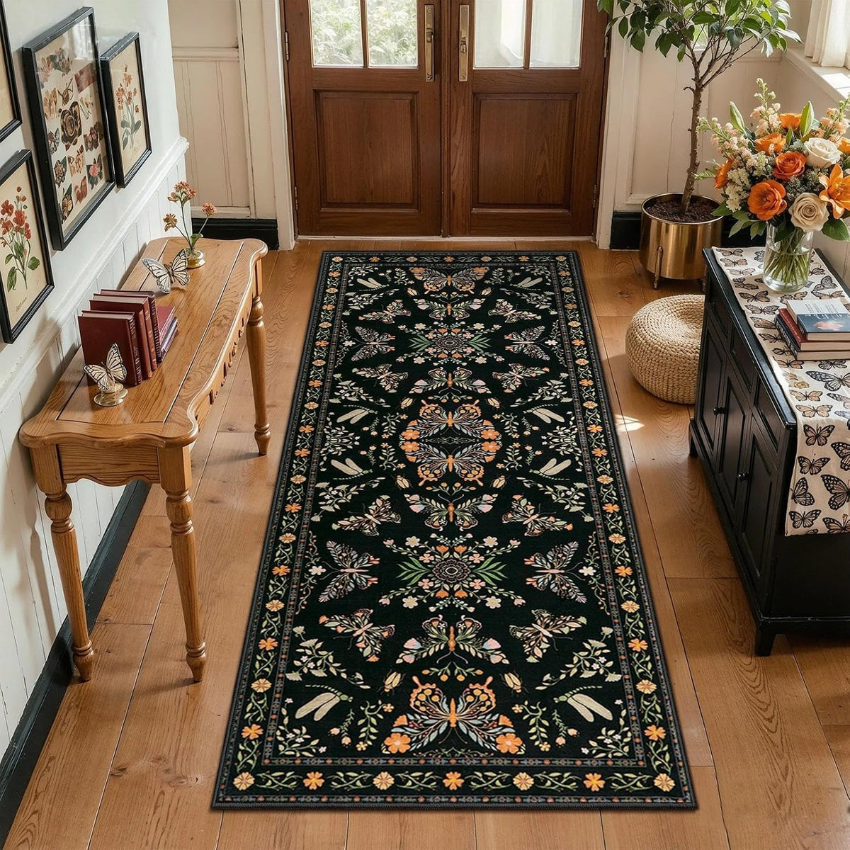 2x6 Black Floral Butterfly Boho Washable Runner Rug - Non-Slip Hallway Carpet