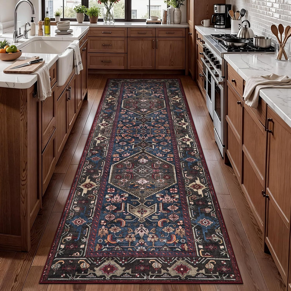 2x6 Blue and Red Vintage Boho Washable Runner Rug - Non-Slip Hallway Carpet