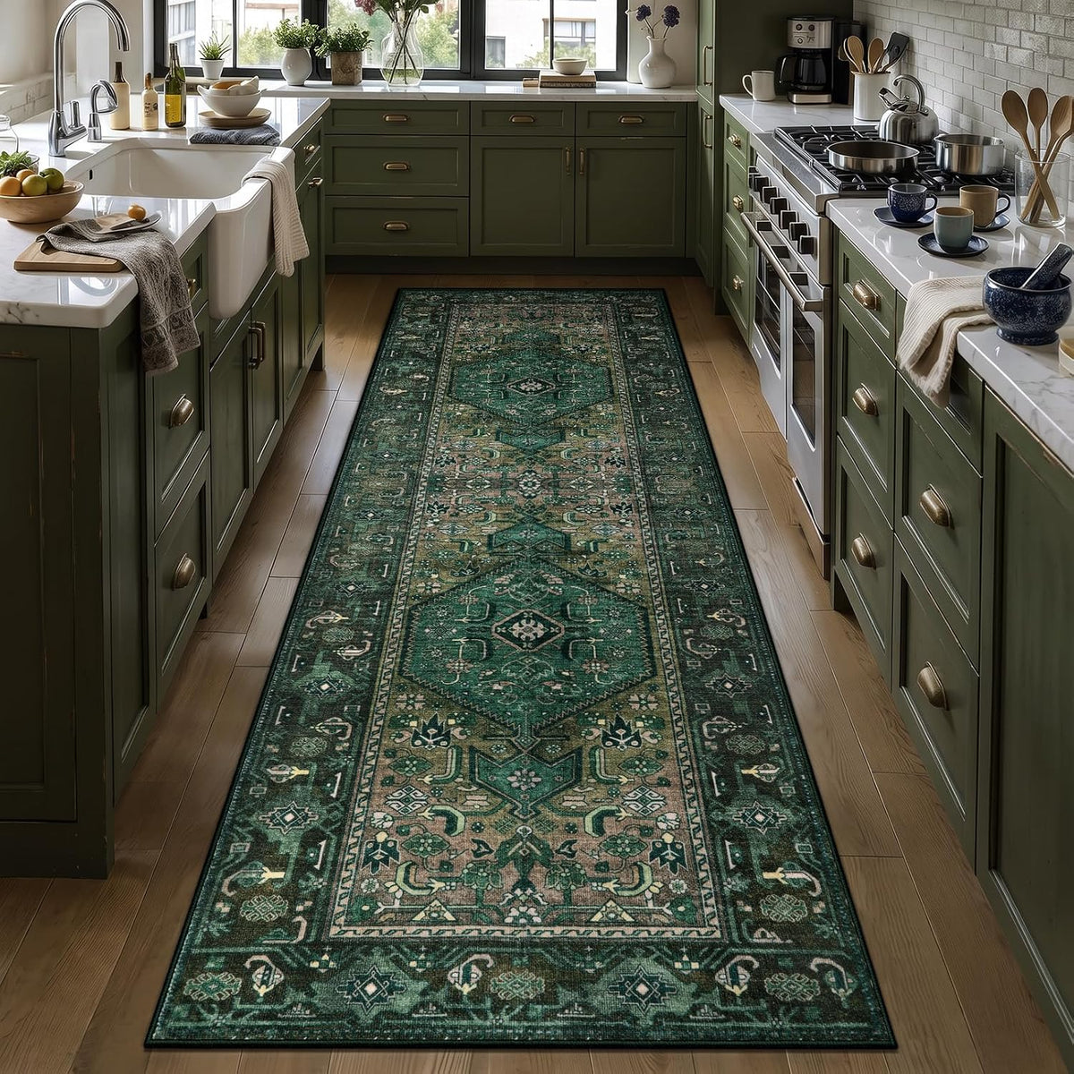 2x5 Dark Green Vintage Boho Washable Runner Rug - Non-Slip Hallway Carpet