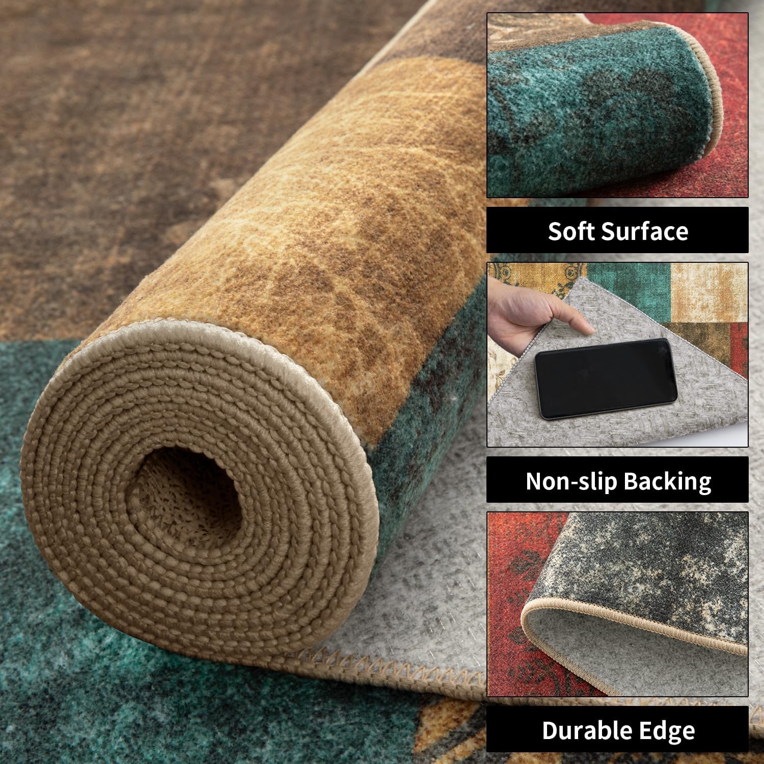 SERISSA Modern Abstract Washable Area Rug, 5'x7' Non-Slip Soft Low-Pile Floor Carpet for Living Room, Dining Room, Bedroom & Office – Geometric Red & Brown Decor